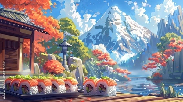 Obraz Autumnal Sushi Feast by a Tranquil Japanese Lake with Mountain Views