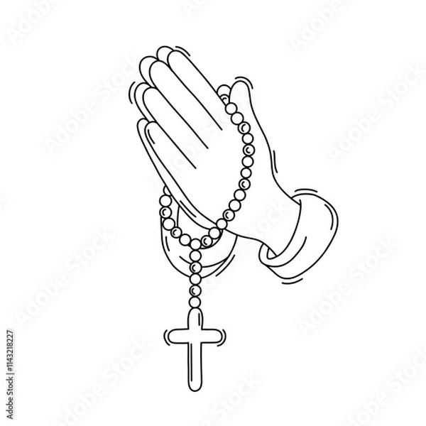 Fototapeta Doodle of Hands in prayer with a rosary with a cross. Praying hands united for pray to god. Vector illustration