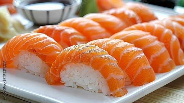 Obraz Fresh Salmon Nigiri Sushi on a White Plate