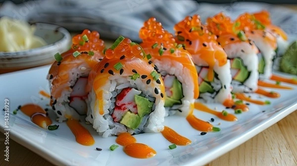 Obraz Delicious salmon avocado sushi rolls drizzled with orange sauce and topped with tobiko.