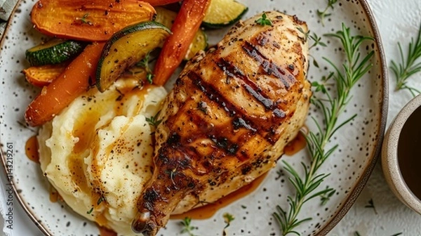 Obraz Grilled Chicken Breast with Mashed Potatoes and Roasted Vegetables