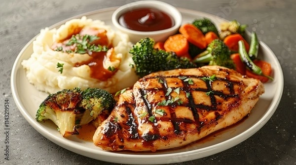 Obraz Grilled chicken breast with mashed potatoes, roasted vegetables, and gravy.