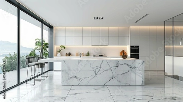 Obraz Modern Minimalist Kitchen with Marble Island and Panoramic View
