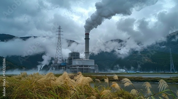 Obraz Geothermal Power Plant Amidst Misty Mountains and Pampas Grass