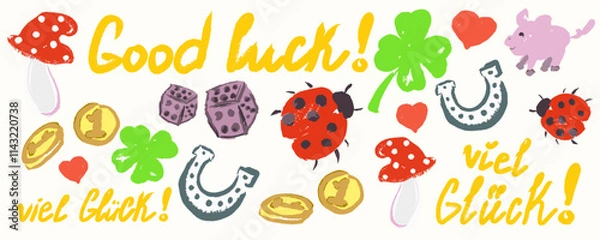 Fototapeta Lucky german symbols hand draw. Viktor. A dice, a mushroom, coins ladybug, piggy in beautiful colors with texture