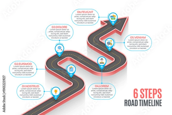 Obraz Isometric navigation map infographic 6 steps timeline concept. Winding road.