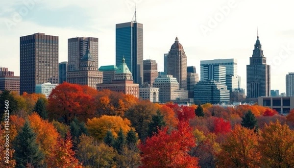 Fototapeta Philadelphia skyline boasts autumn colors. High-rise buildings stand tall against backdrop of vibrant fall foliage. City park trees display brilliant autumn colors. Scenic view of city landscape.
