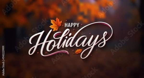 Fototapeta Happy Holidays greeting with autumn leaves on a blurred background