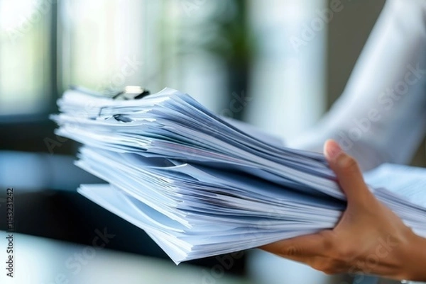 Fototapeta Office worker is holding a large stack of paperwork documents