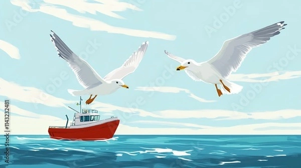 Fototapeta  Two seagulls talking in the air above the sea, with a fishing boat below them. The scene is depicted in an exaggerated, cartoonish drawing style, emphasizing the playful interaction between the birds
