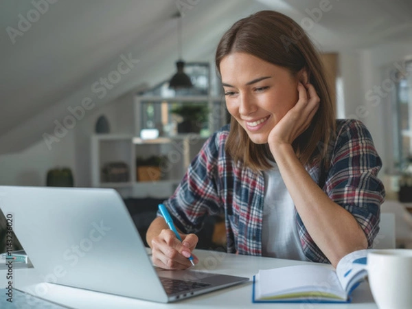 Fototapeta Mujer joven con una computadora portátil sentada en un escritorio. Ella está escribiendo notas mientras mira un seminario web. La mujer está estudiando en línea, aprendiendo clases web o teniendo una 