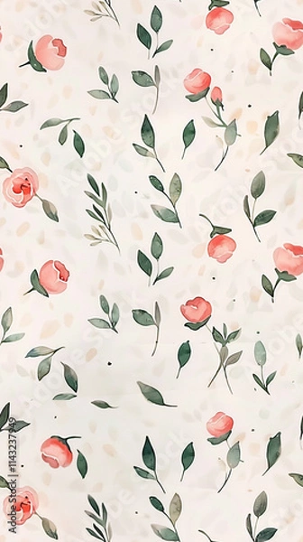Fototapeta Red roses flower and leaves watercolour seamless pattern on an ecru background. Floral pattern for fabric, wrapping, textile, wallpaper, background.	