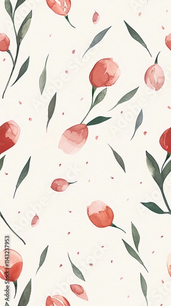 Fototapeta Red roses flower and leaves watercolour seamless pattern on an ecru background. Floral pattern for fabric, wrapping, textile, wallpaper, background.	