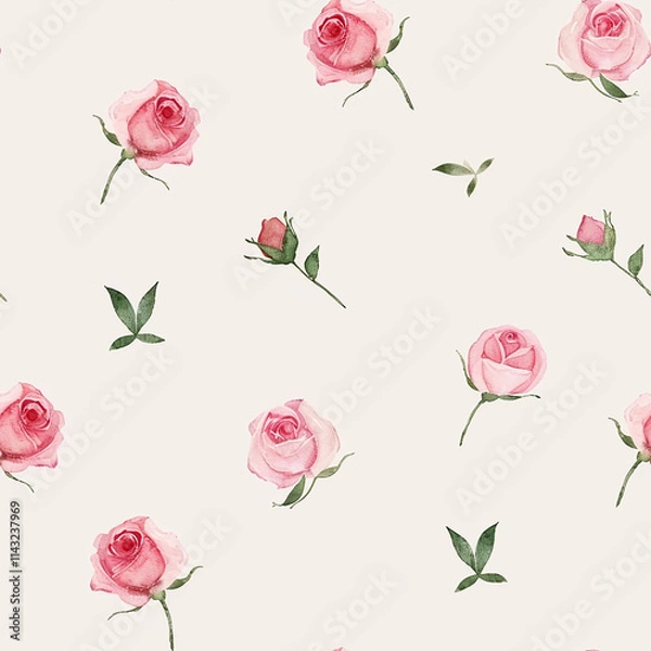 Fototapeta Red roses flower and leaves watercolour seamless pattern on an ecru background. Floral pattern for fabric, wrapping, textile, wallpaper, background.	