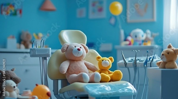 Obraz Cozy pediatric dental office with plush toys on dentist chair in a child-friendly environment - concept of dentistry