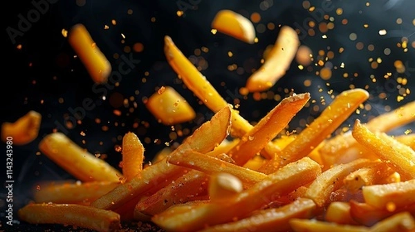 Obraz Golden French Fries Tossed in Air with Seasoning