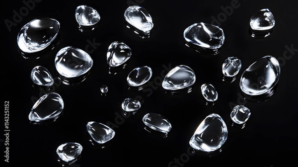 Obraz Shiny liquid mercury drops scattered on a solid black background.