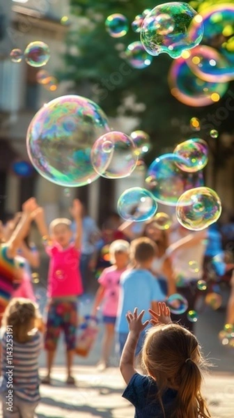 Fototapeta Children playing with colorful soap bubbles in a park, joyful and playful atmosphere