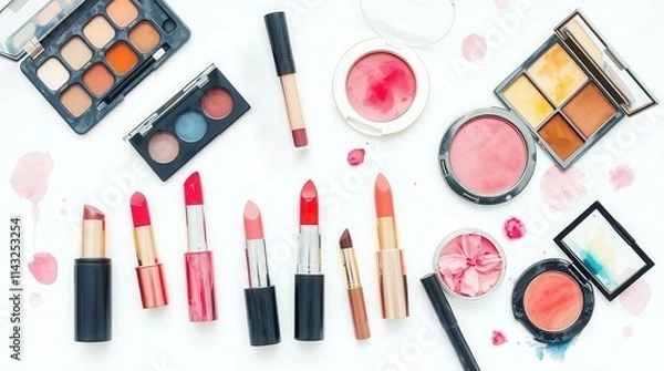 Fototapeta A collection of makeup essentials including lipsticks, blushes, eyeshadows, and powders in various shades, arranged creatively on a white background.
