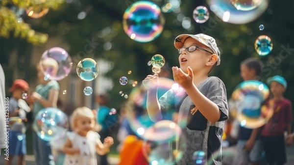 Fototapeta Children playing with colorful soap bubbles in a park, joyful and playful atmosphere