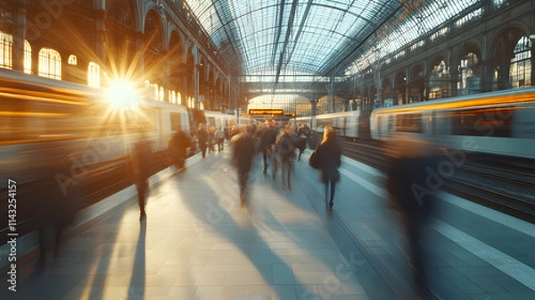 Obraz A bustling train station with blurred travelers rushing past platforms.
