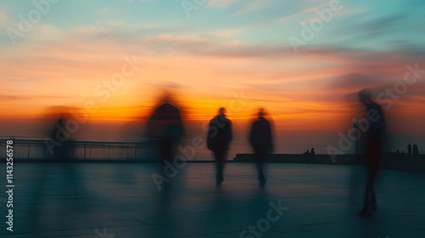 Obraz A coastal promenade with blurred walkers silhouetted against a glowing sunset.