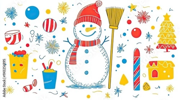 Fototapeta A cheerful snowman surrounded by festive decorations and winter-themed elements.