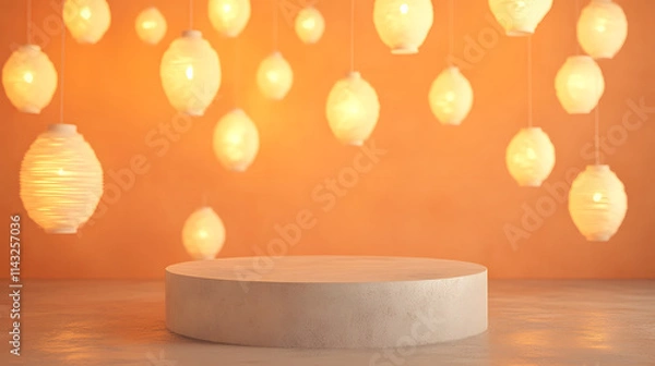 Fototapeta A concrete podium surrounded by floating lanterns on a soft pastel orange background.