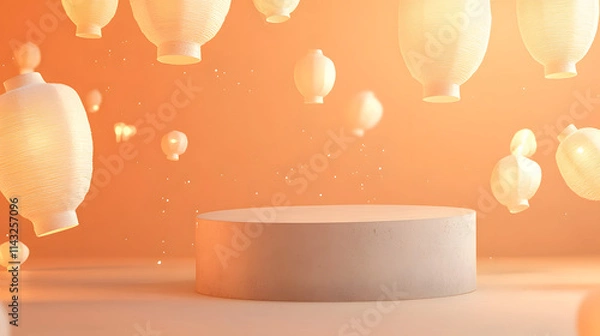 Obraz A concrete podium surrounded by floating lanterns on a soft pastel orange background.