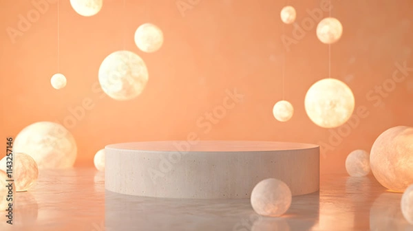 Obraz A concrete podium surrounded by floating lanterns on a soft pastel orange background.