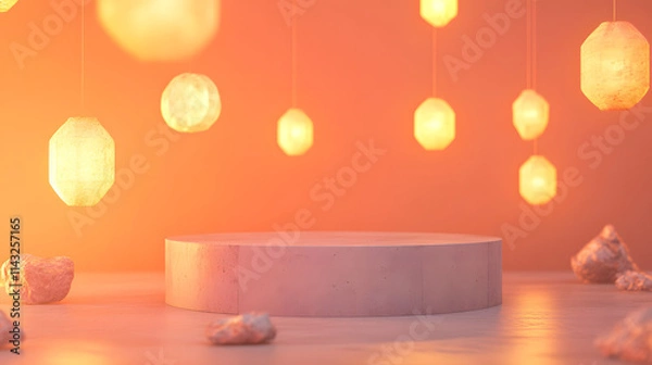 Obraz A concrete podium surrounded by floating lanterns on a soft pastel orange background.