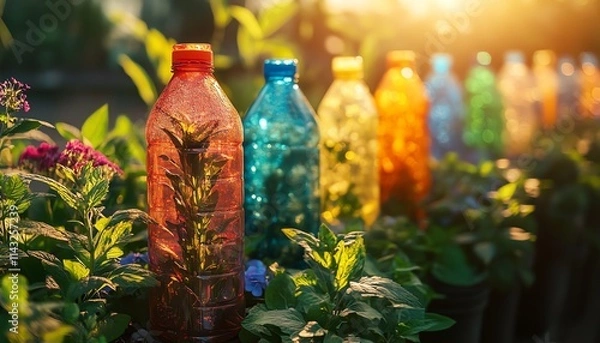Fototapeta A creative recycling concept with plastic bottles transformed into vibrant garden planters, lush greenery, ecofriendly setting, colorful, ultrarealistic details, bright sunlight