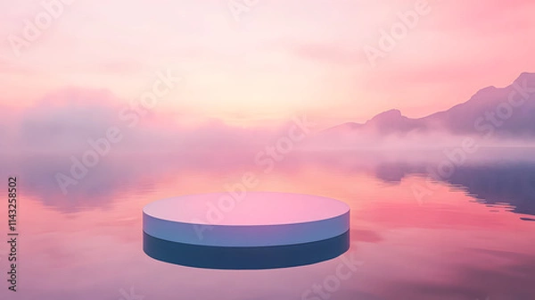 Obraz A crystal-clear podium floating in a tranquil lake under a pink-hued sunrise.
