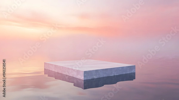 Obraz A crystal-clear podium floating in a tranquil lake under a pink-hued sunrise.
