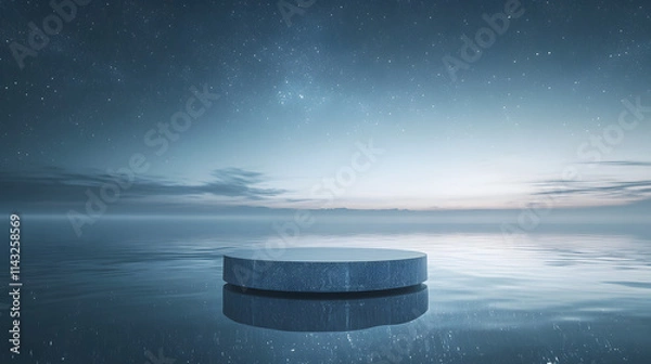 Obraz A crystal-clear podium floating on a tranquil sea under a starry sky.