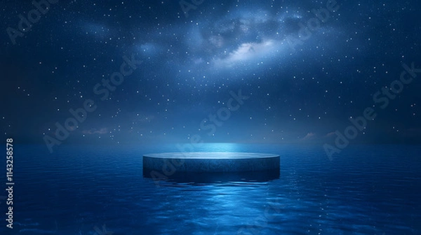 Obraz A crystal-clear podium floating on a tranquil sea under a starry sky.