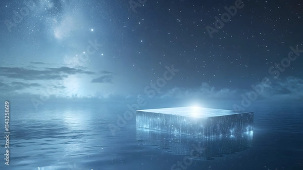 Obraz A crystal-clear podium floating on a tranquil sea under a starry sky.