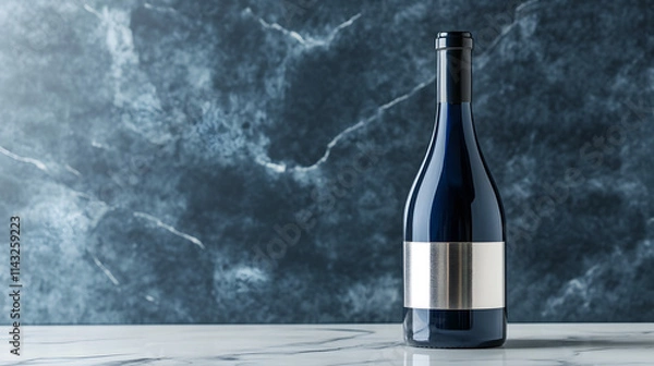 Obraz A dark blue wine bottle with a silver foil label on a smooth marble surface.
