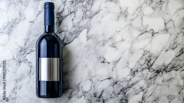 Obraz A dark blue wine bottle with a silver foil label on a smooth marble surface.