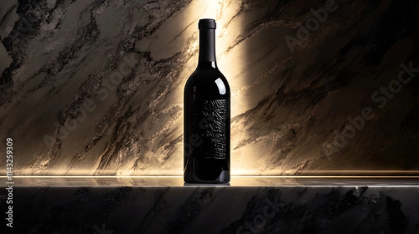 Fototapeta A dark wine bottle with a luxurious embossed label resting on a glossy marble slab.