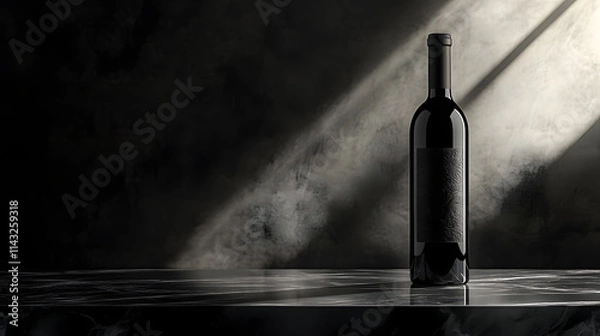 Obraz A dark wine bottle with a luxurious embossed label resting on a glossy marble slab.