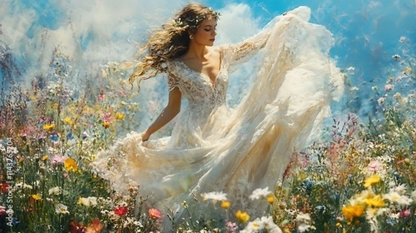 Fototapeta Elegant Bride in Wedding Gown Captured with Romantic and Timeless Style