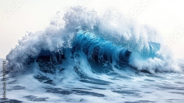 Fototapeta High-definition ocean wave crashing with splashes of water, sea foam, clear blue color, dynamic motion, nature energy, aquatic force, summer scene, natural power