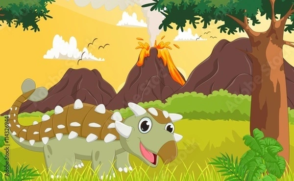 Obraz cute ankylosaurus with prehistoric background