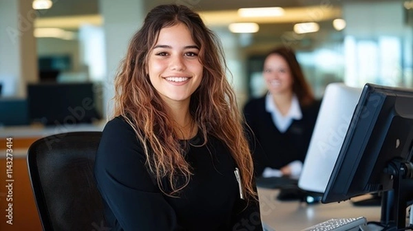 Obraz Smiling Municipality Office Receptionist Welcoming Visitors