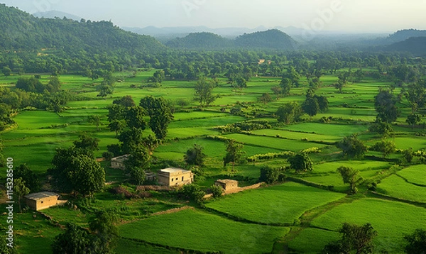 Fototapeta Lush green landscape with fields and distant hills, showcasing rural tranquility.