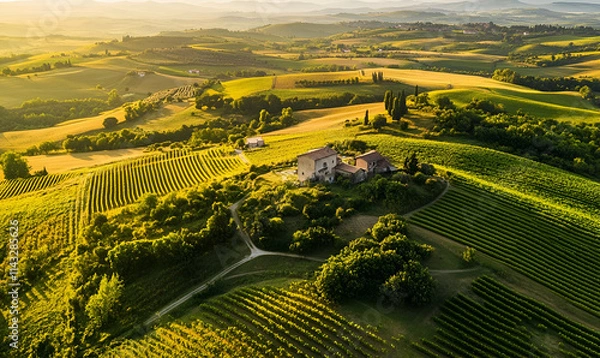 Fototapeta Aerial view of lush green vineyards and a rustic farmhouse in a serene landscape.