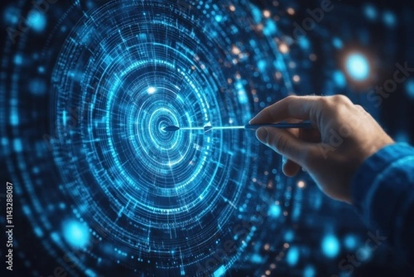 Fototapeta Hand Touching Digital Swirl with Glowing Blue Circles and Lines