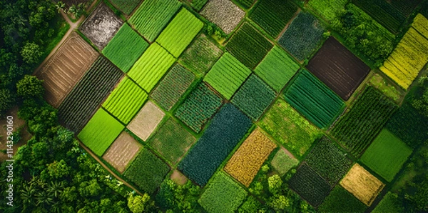 Fototapeta Aerial view of vibrant agricultural fields showcasing diverse crop patterns and colors.