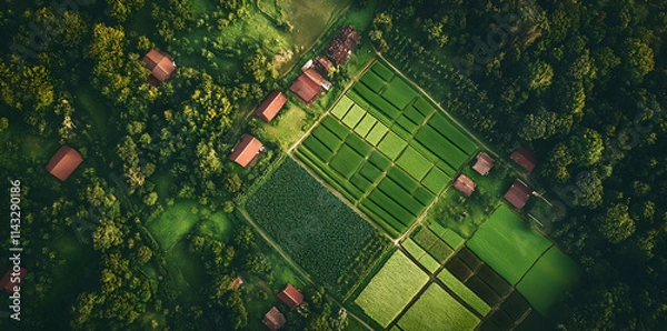 Fototapeta Aerial view of lush farmland with fields and houses surrounded by greenery.